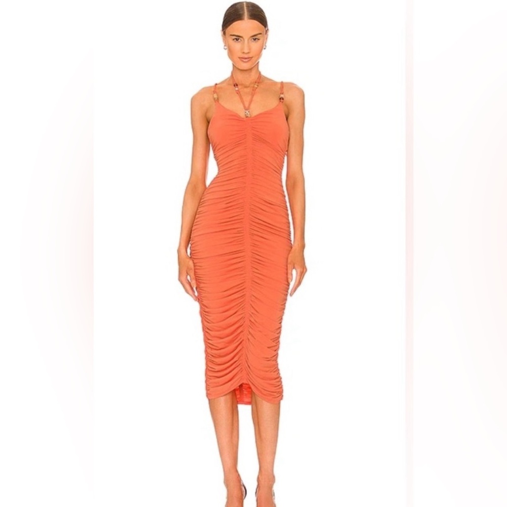 A.L.C. SANGRIA ORANGE ALLEGRA RUCHED BEAD EMBELLISHED MIDI DRESS SZ S